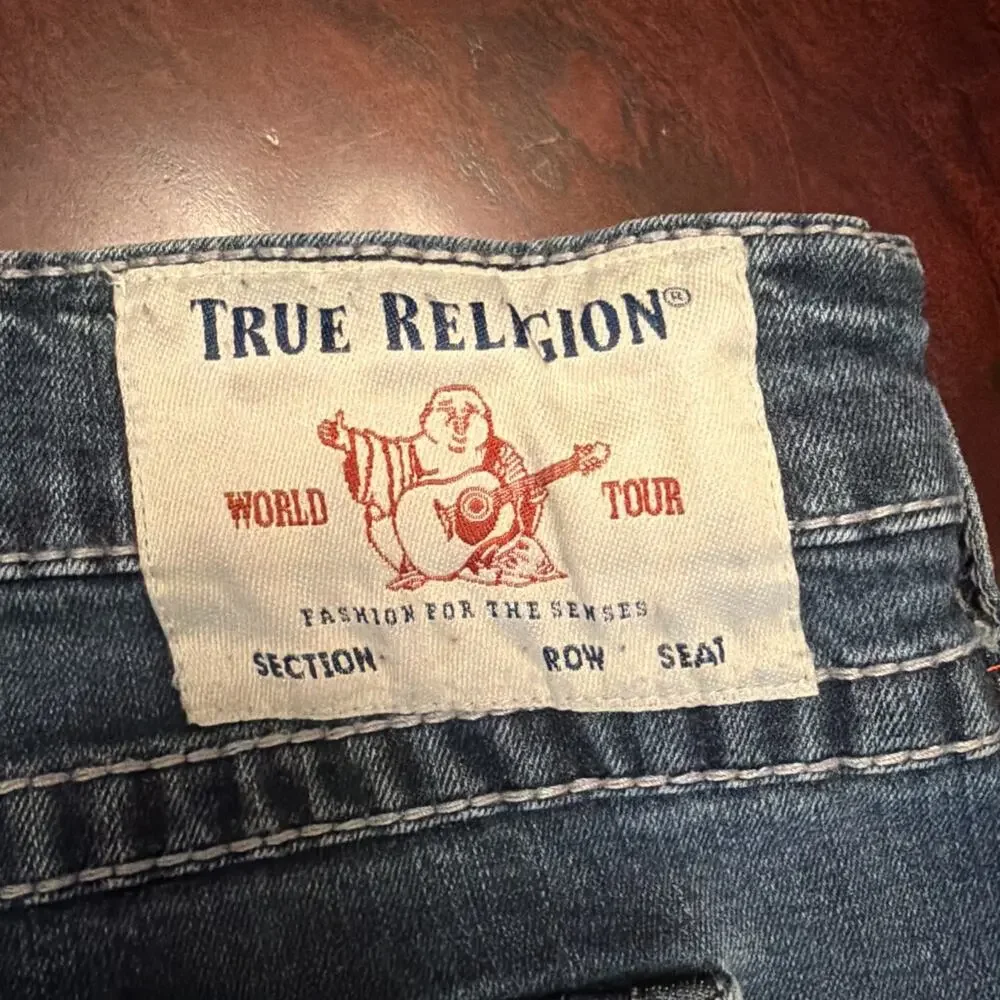 True Religion Ricky Mens Relaxed Straight Leg Blue Jeans Sz 42x33 Red Stitching